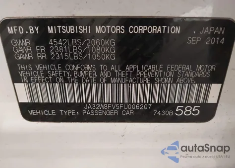 2015 Mitsubishi Lancer Evolution Gsr z USA, uszkodzony, nr VIN JA32W8FV5FU006207